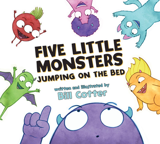 Five Little Monsters Jumping on the Bed children's picture book cover by Bill Cotter, Sourcebooks