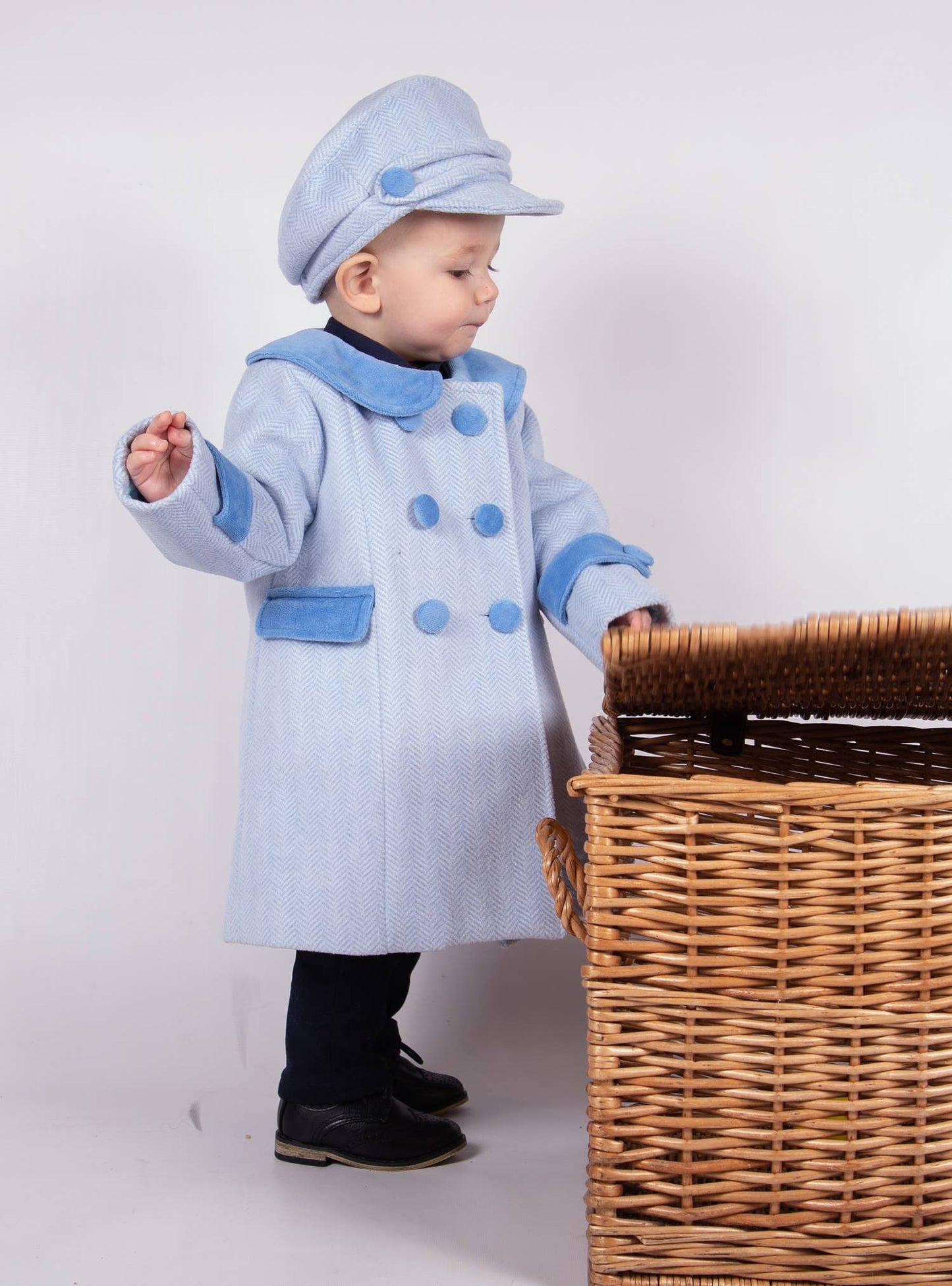 BEAU KiD boys' light blue herringbone coat with velvet trim and matching cap set