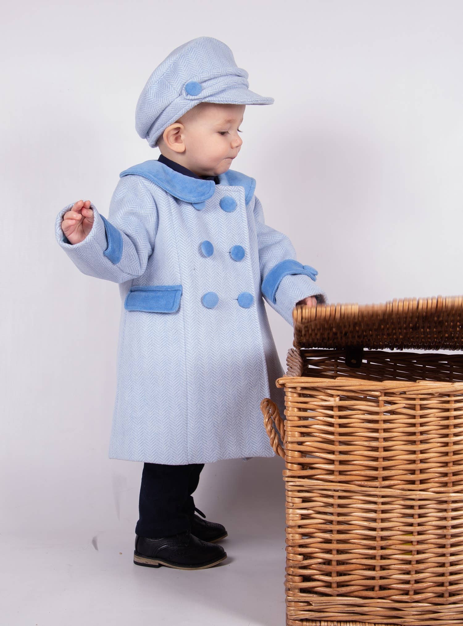BEAU KiD boys' light blue herringbone coat with velvet trim and matching cap set