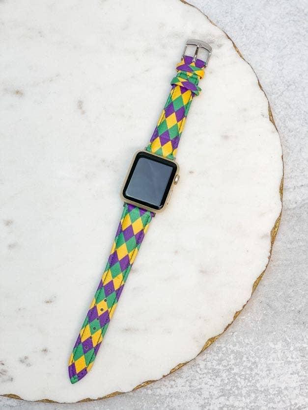 Mardi Gras Harlequin Print leather watch band for Apple Watch, all series and sizes