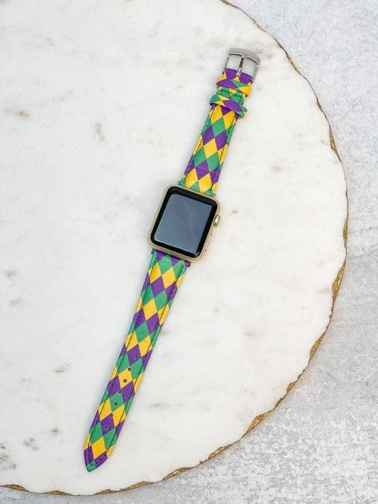 Mardi Gras Harlequin Print leather watch band for Apple Watch, all series and sizes