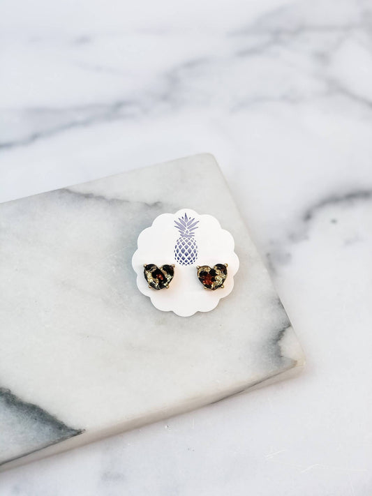 Leopard glitter heart stud earrings, nickel-free posts, by Prep Obsessed Wholesale