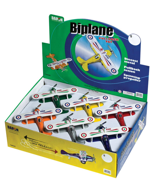 Daron Fancy Flight Pullback Biplane die-cast metal toy airplane with spinning propeller