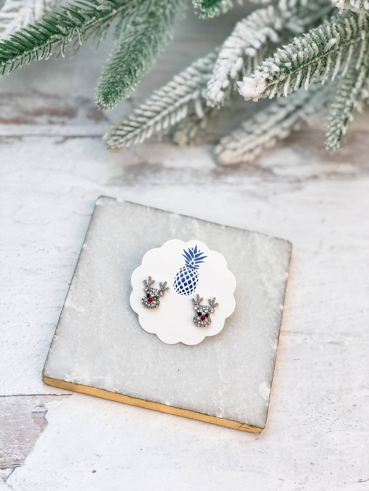 Silver Rudolph reindeer glitzy stud earrings with hypoallergenic lead and nickel-free posts