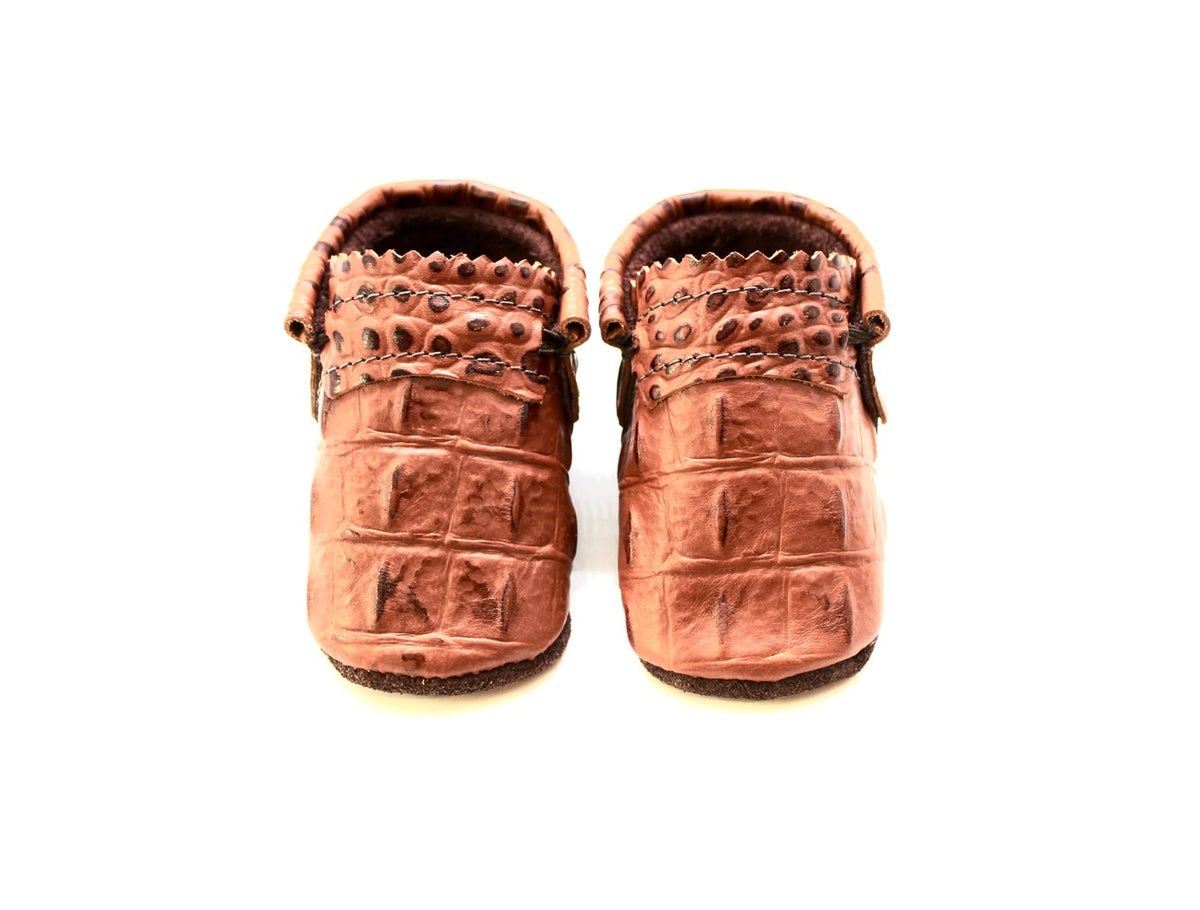 MishMoccs Alligator embossed leather moccasins with elastic band, newborn-toddler sizing