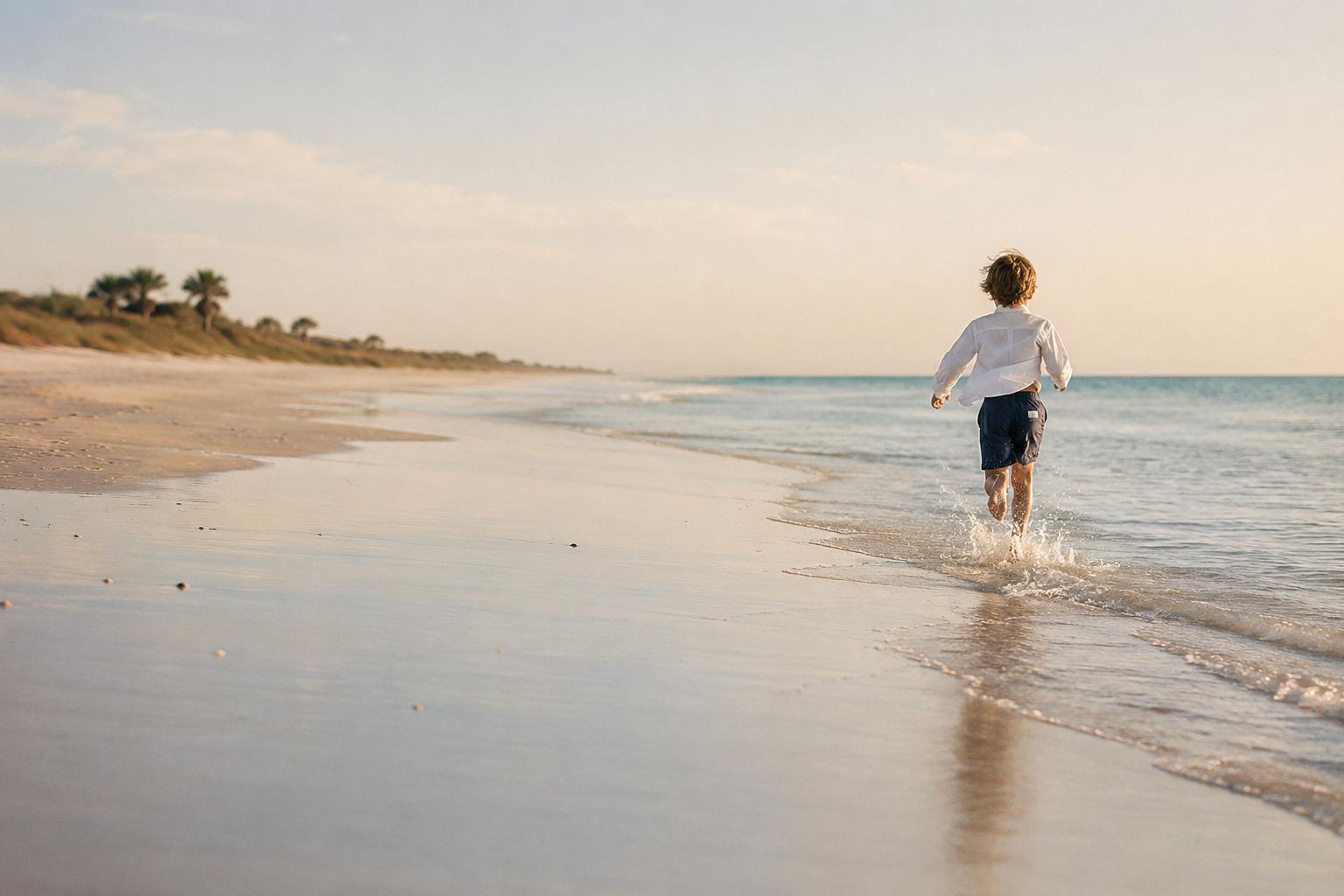 A boy runs along the shoreline at golden hour in navy swim trunks and an open linen shirt
