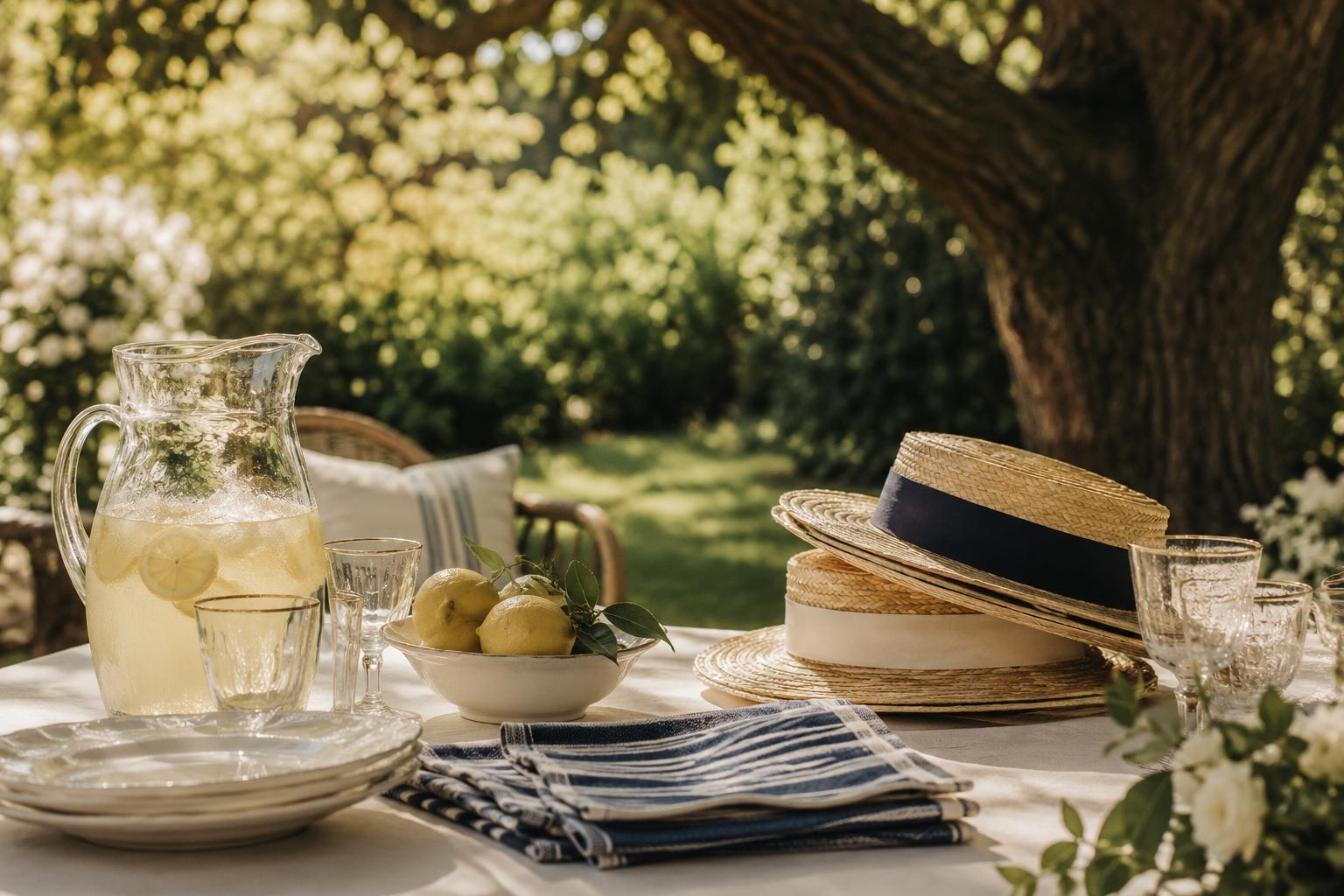 A summer garden-party table set with lemonade, straw boater hats and navy-striped linens