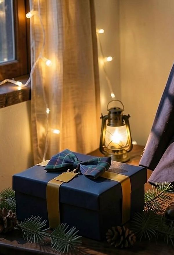 A navy gift with gold ribbon and a tartan bow tie by candlelight