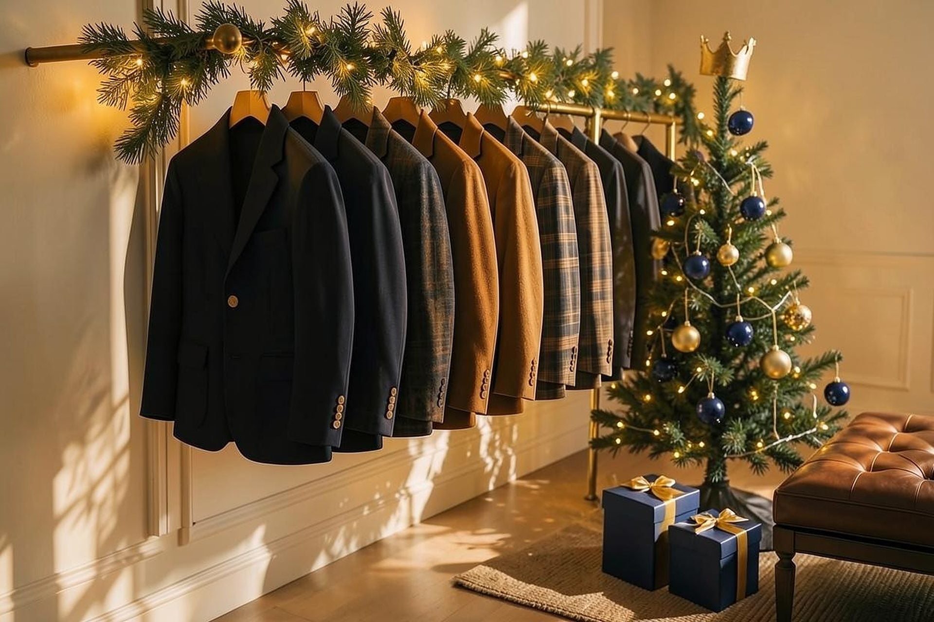 The ParkerJoe atelier: a brass rail of boys' blazers draped in garland beside a small tree with navy and gold ornaments and a gold crown on top
