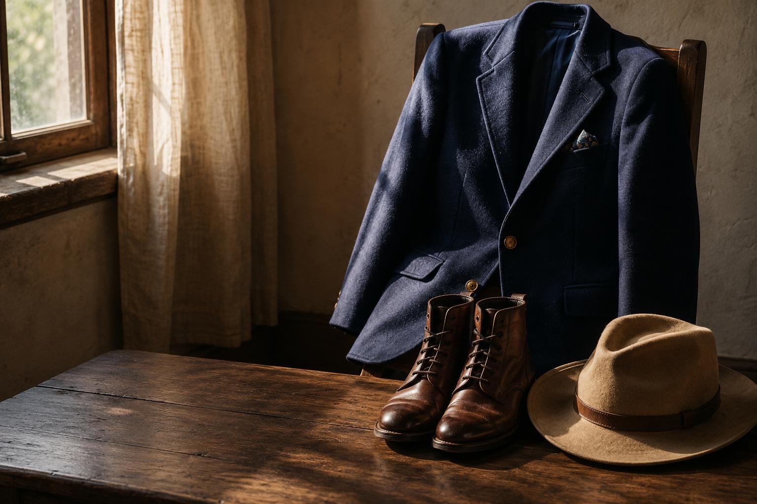 A pressed navy blazer, leather boots and a felt hat in window light